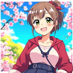 A cheerful and confident anime girl with a fuller figure, wearing a cute and stylish outfit