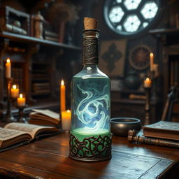 A magical potion bottle filled with a glowing, swirling liquid