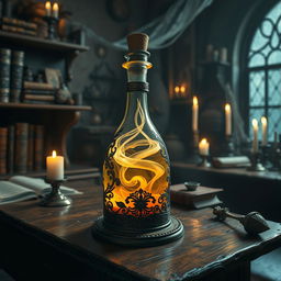 A magical potion bottle filled with a glowing, swirling liquid