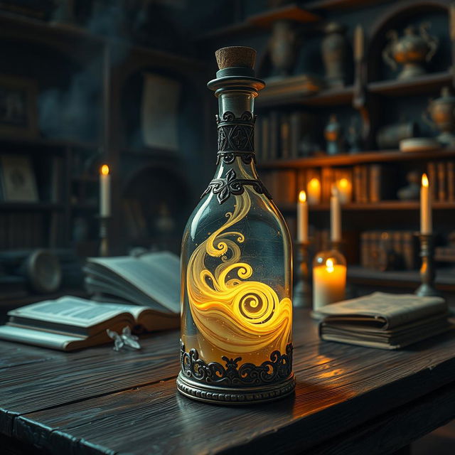 A magical potion bottle filled with a glowing, swirling liquid