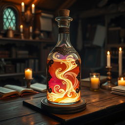 A magical potion bottle filled with a glowing, swirling liquid