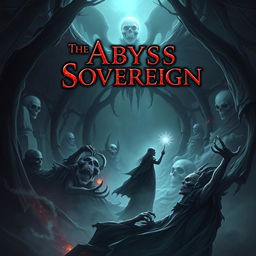 Create a fantasy novel cover titled 'The Abyss Sovereign' featuring a necromancer theme