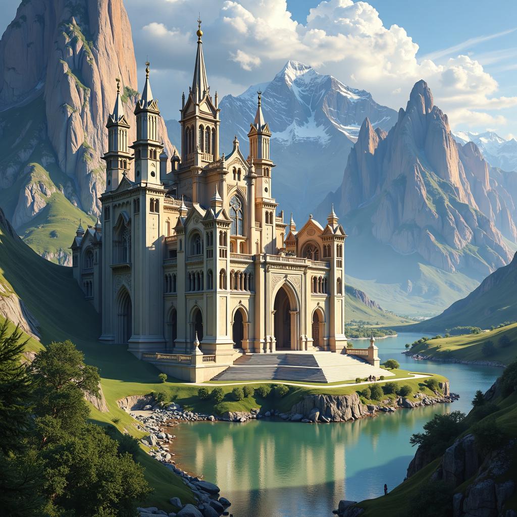A stunning architectural monument set against a dramatic landscape with intricate designs, grand arches, and towering spires, surrounded by rugged mountains, lush greenery, and a serene river, captured in a detailed photograph