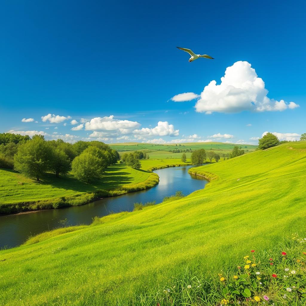 A serene landscape featuring a lush green meadow, a calm river flowing through it, and a clear blue sky with a few fluffy clouds