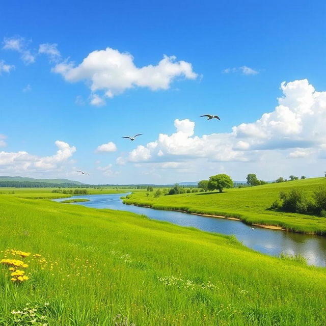 A serene landscape featuring a lush green meadow, a calm river flowing through it, and a clear blue sky with a few fluffy clouds