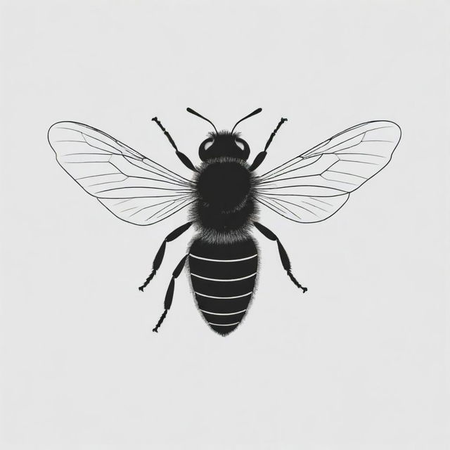 A stark, minimalist drawing of a bee, including its wings, all in solid black color, set against a blank background