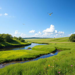 A serene landscape featuring a lush green meadow, a calm river flowing through it, and a clear blue sky with a few fluffy clouds