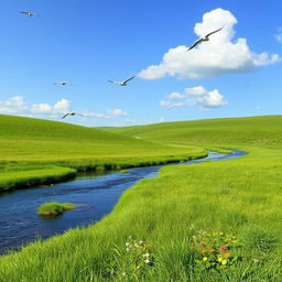 A serene landscape featuring a lush green meadow, a calm river flowing through it, and a clear blue sky with a few fluffy clouds