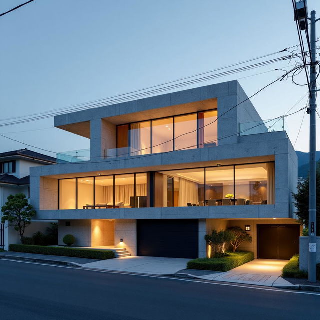 An ultra-modern architectural home made of natural stone and glass, inspired by Toyo Ito, set in a busy streetscape with soft lighting and peaceful vibes