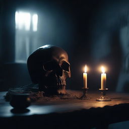 A dark and ominous scene depicting a cursed object, such as a skull or an ancient artifact, surrounded by a sinister aura