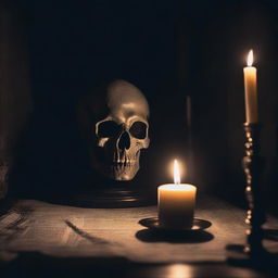 A dark and ominous scene depicting a cursed object, such as a skull or an ancient artifact, surrounded by a sinister aura