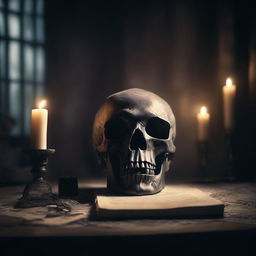 A dark and ominous scene depicting a cursed object, such as a skull or an ancient artifact, surrounded by a sinister aura