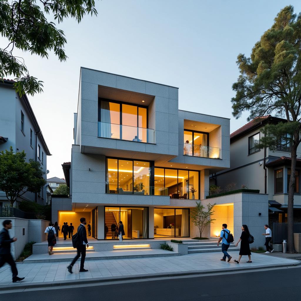 An ultra-modern architectural home made of dramatic natural stone and glass, inspired by Toyo Ito, set in a busy streetscape full of pedestrians with soft lighting and peaceful vibes