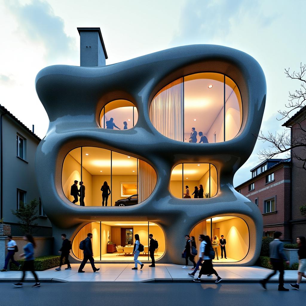 An architectural home made of rock and glass, inspired by Toyo Ito and Zaha Hadid, set in a busy streetscape full of pedestrians with soft lighting and peaceful vibes