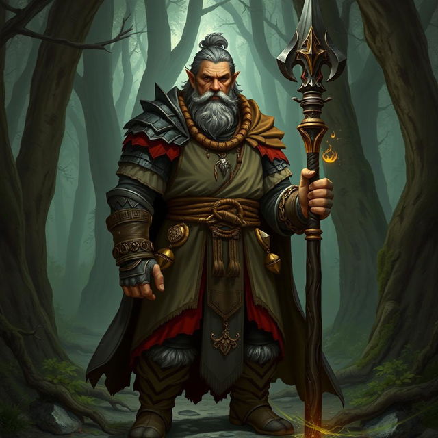 A powerful half-orc male cleric standing in a mystical forest