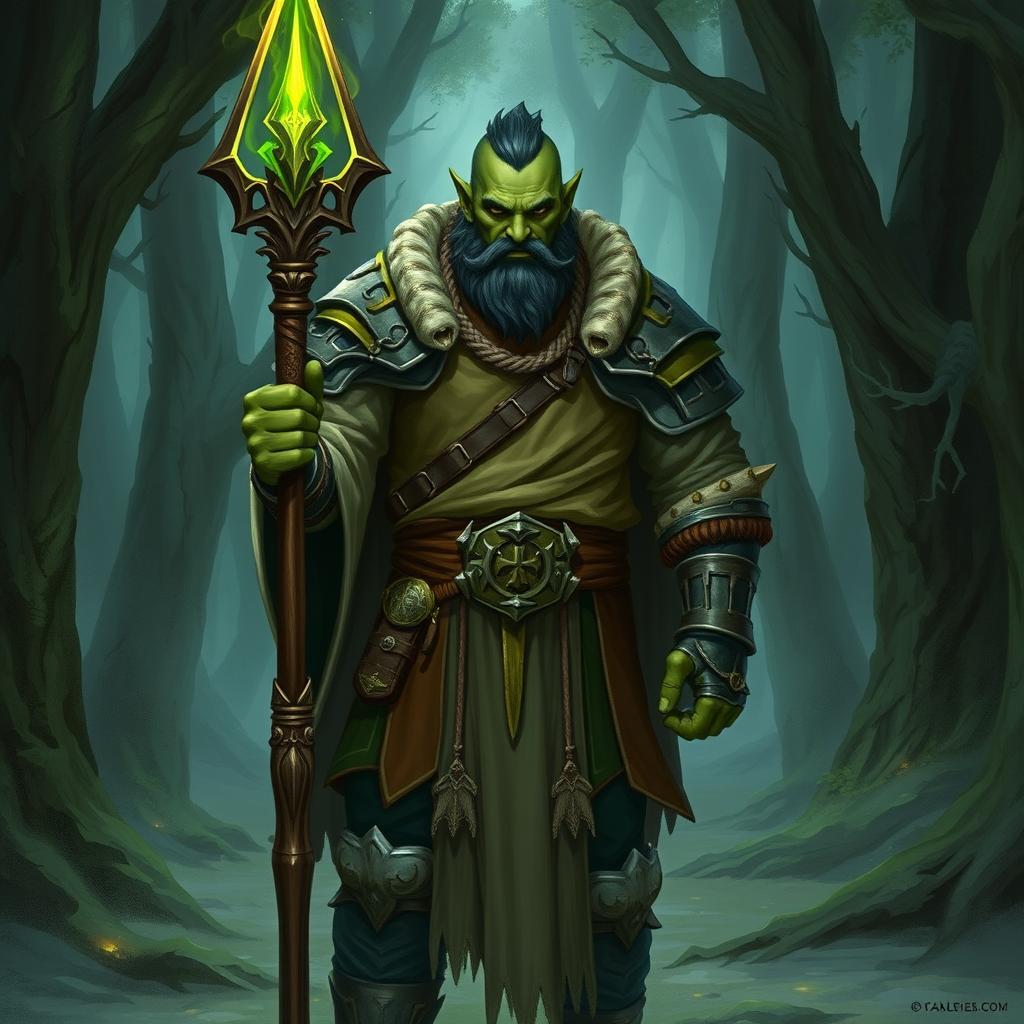 A half-orc, half-human male cleric with green skin standing in a mystical forest