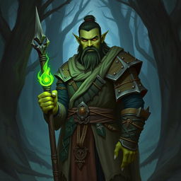 A half-orc, half-human male cleric with green skin standing in a mystical forest