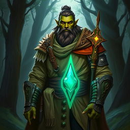 A half-orc, half-human male cleric with green skin standing in a mystical forest