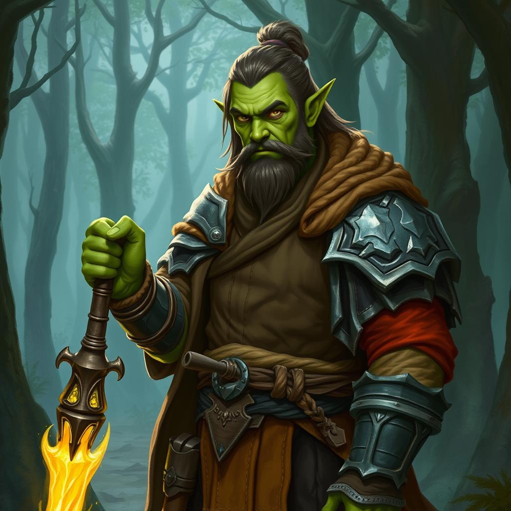 A half-orc, half-human male cleric with green skin standing in a mystical forest