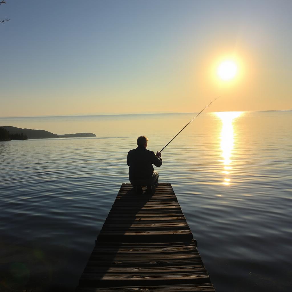 A serene lakeside scene with a person fishing from a wooden dock