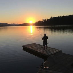 A serene lakeside scene with a person fishing from a wooden dock