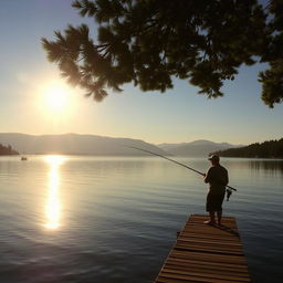 A serene lakeside scene with a person fishing from a wooden dock