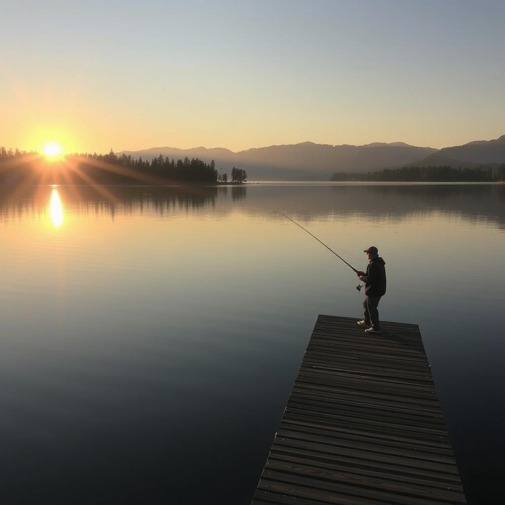 A serene lakeside scene with a person fishing from a wooden dock