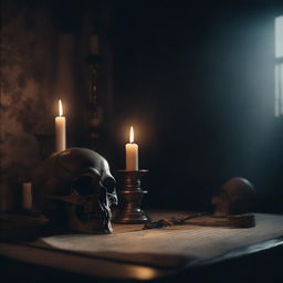 An eerie and dark scene featuring a cursed object, such as a skull or an ancient artifact, emitting a sinister aura