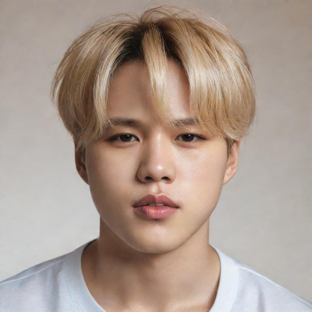 A realistic and detailed portrait of Jimin from BTS with blond hair.