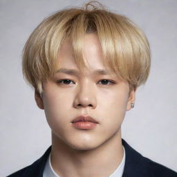 A realistic and detailed portrait of Jimin from BTS with blond hair.