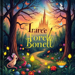 A beautifully illustrated book cover featuring an enchanted forest with magical creatures, glowing plants, and a mysterious castle in the background