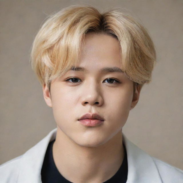 A realistic and detailed portrait of Jimin from BTS with blond hair.