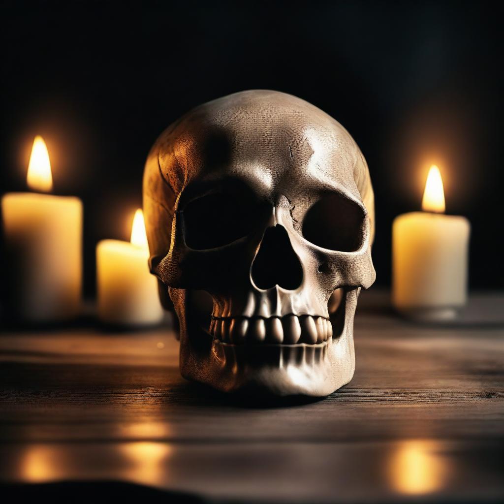 A detailed image of a skull placed on an old wooden table, surrounded by lit candles