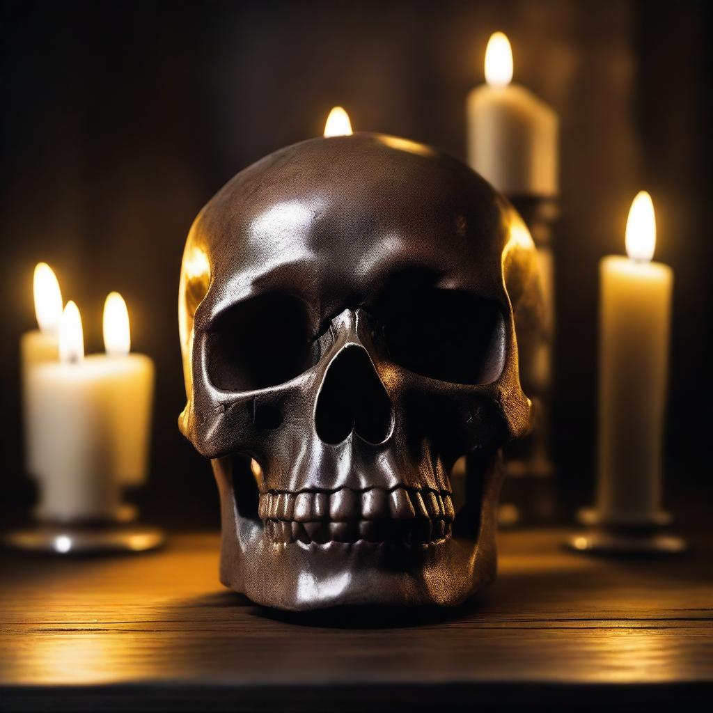 A detailed image of a skull placed on an old wooden table, surrounded by lit candles