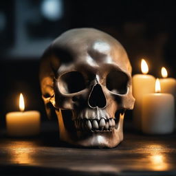 A detailed image of a skull placed on an old wooden table, surrounded by lit candles