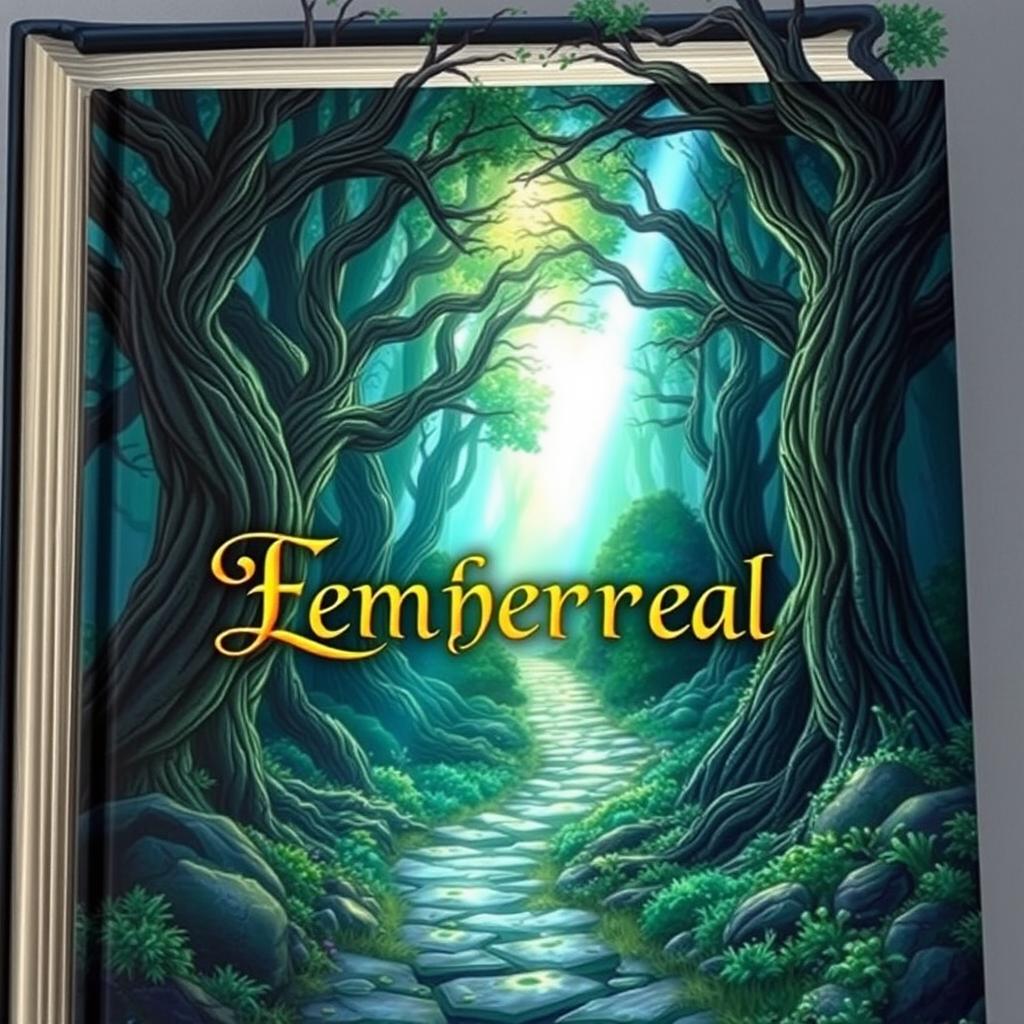 A captivating book cover illustration featuring a mystical forest with ancient trees, ethereal light beams, and a hidden pathway leading to a magical realm