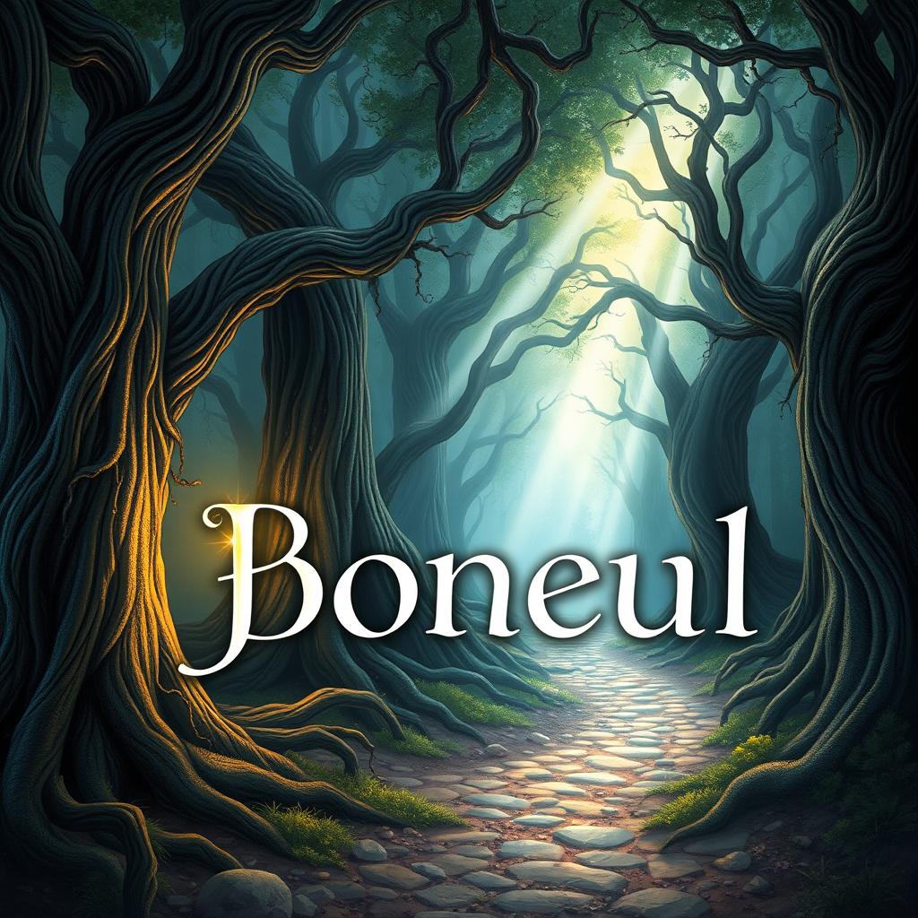 A captivating book cover illustration featuring a mystical forest with ancient trees, ethereal light beams, and a hidden pathway leading to a magical realm