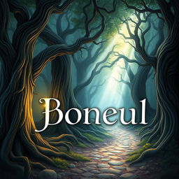 A captivating book cover illustration featuring a mystical forest with ancient trees, ethereal light beams, and a hidden pathway leading to a magical realm