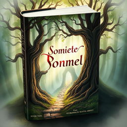 A captivating book cover illustration featuring a mystical forest with ancient trees, ethereal light beams, and a hidden pathway leading to a magical realm