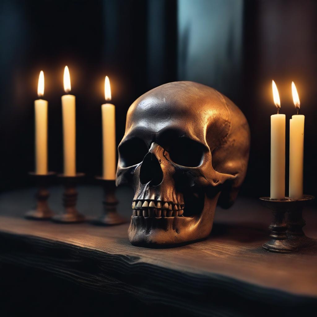 A dark and gothic scene featuring a skull with candles