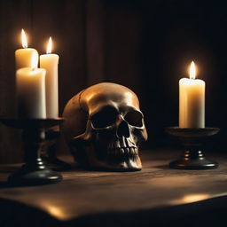 A dark and gothic scene featuring a skull with candles