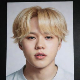 A realistic and detailed portrait of Jimin from BTS with blond hair.