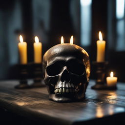 A dark and gothic scene featuring a skull with candles