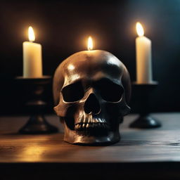 A dark and gothic scene featuring a skull with candles