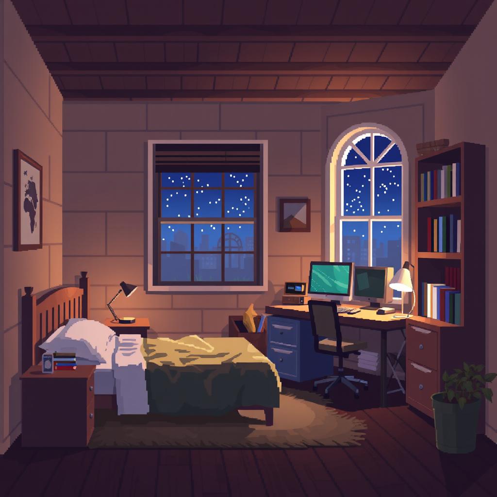 A cozy and detailed pixel art room, featuring a bed, a desk with a computer, a bookshelf, and a window with a view of the night sky