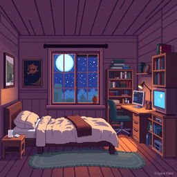 A cozy and detailed pixel art room, featuring a bed, a desk with a computer, a bookshelf, and a window with a view of the night sky