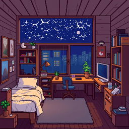 A cozy and detailed pixel art room, featuring a bed, a desk with a computer, a bookshelf, and a window with a view of the night sky