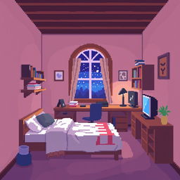 A cozy and detailed pixel art room, featuring a bed, a desk with a computer, a bookshelf, and a window with a view of the night sky