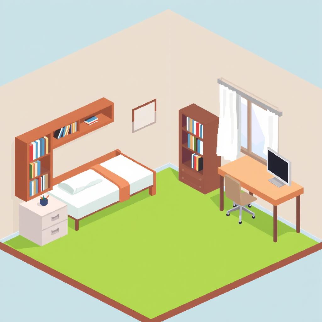 A flat art style pixel art room, featuring simple and clean lines