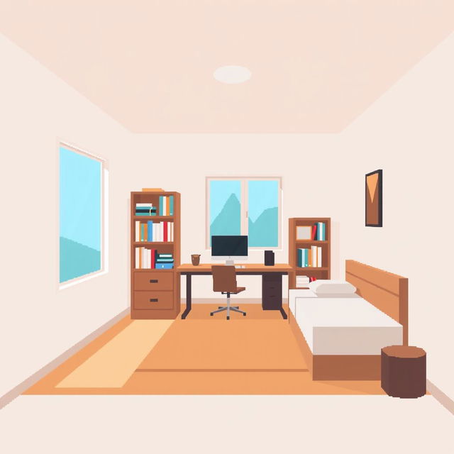 A flat art style pixel art room, featuring simple and clean lines